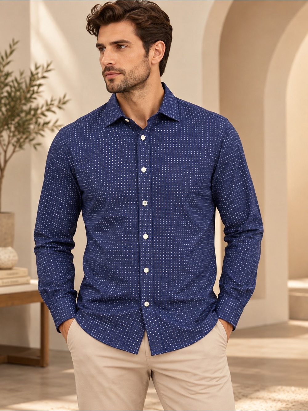 Michael Kors Men’s Slim Fit Stretch Button-Up Shirt – Purple/Indigo – Size L